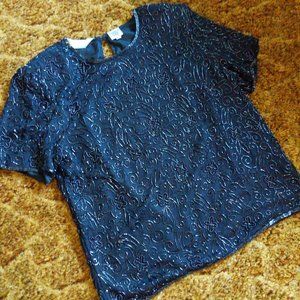 Vintage Braemar Petites Jeremy Scott Black Beaded Silk Blouse